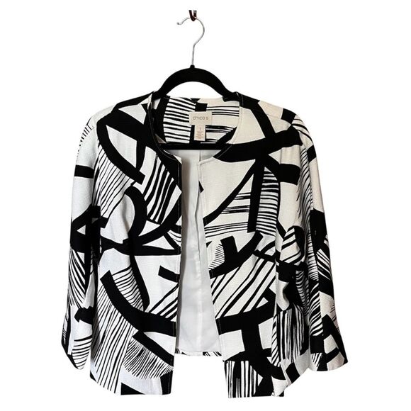 Chico's Black and White Open Front Abstract Blazer Jacket Lined Size 1 or Medium - Picture 1 of 9